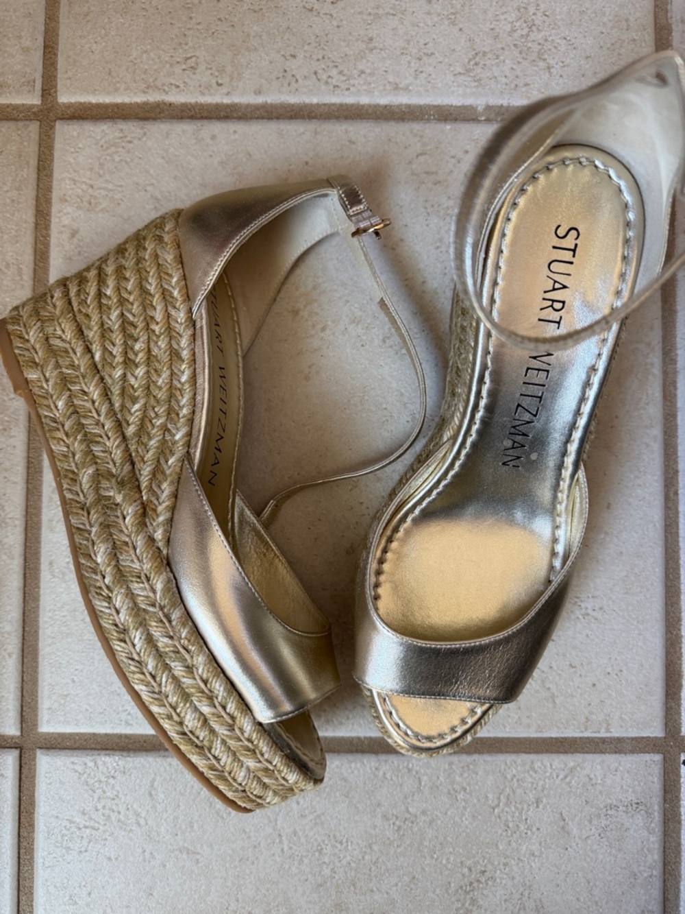 Stuart Weitzman Metallic Gold Espadrille Wedge  with Ankle Strap size 8 NWOT